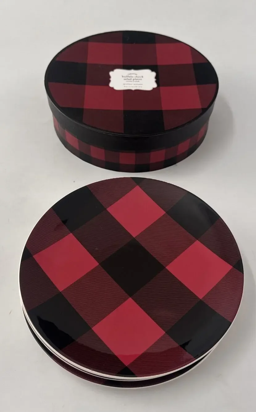 Set of 3 Pottery Barn Buffalo Plaid Check Red & Black Salad Plates
